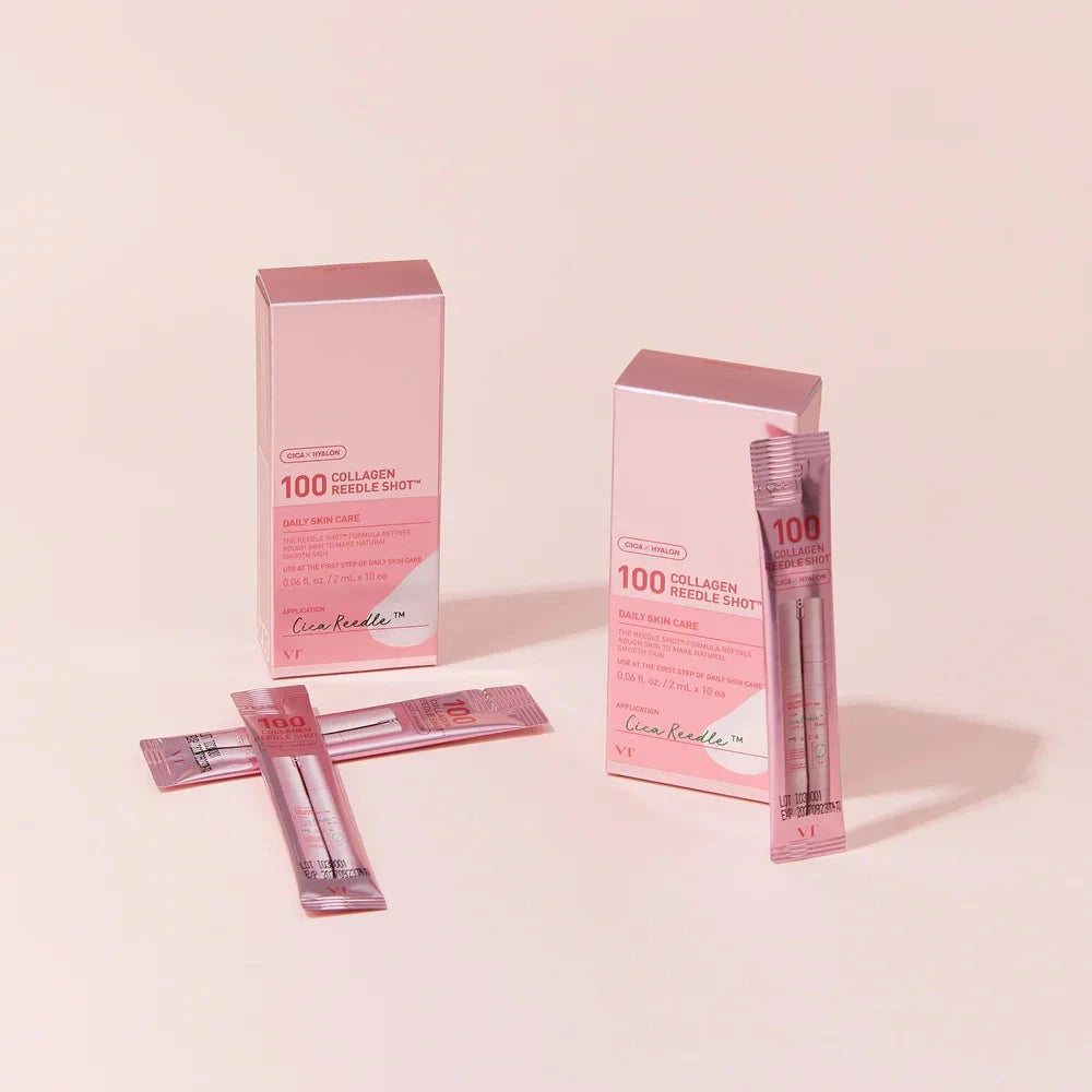 VT COSMETICS 100 Collagen Reedle Shot - Gesichtsserum formuliert mit Kollagen und Vitamin E, das zur Hautfeuchtigkeit beiträgt und den Hautkomfort erhält - 10 Stück