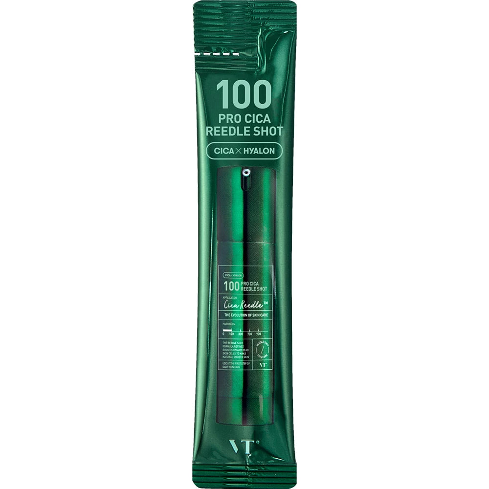 VT COSMETICS 100 Pro Cica Reedle Shot - Gesichtsserum mit Centella Asiatica und Hyaluronsäure, verbessert Hauttextur und Feuchtigkeitshaushalt, 10x Einzelportionen für Reisen - 2ml x 10 Stk
