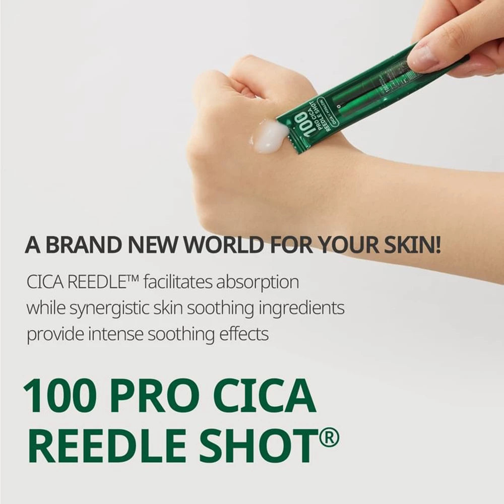 VT COSMETICS 100 Pro Cica Reedle Shot - Gesichtsserum mit Centella Asiatica und Hyaluronsäure, verbessert Hauttextur und Feuchtigkeitshaushalt, 10x Einzelportionen für Reisen - 2ml x 10 Stk