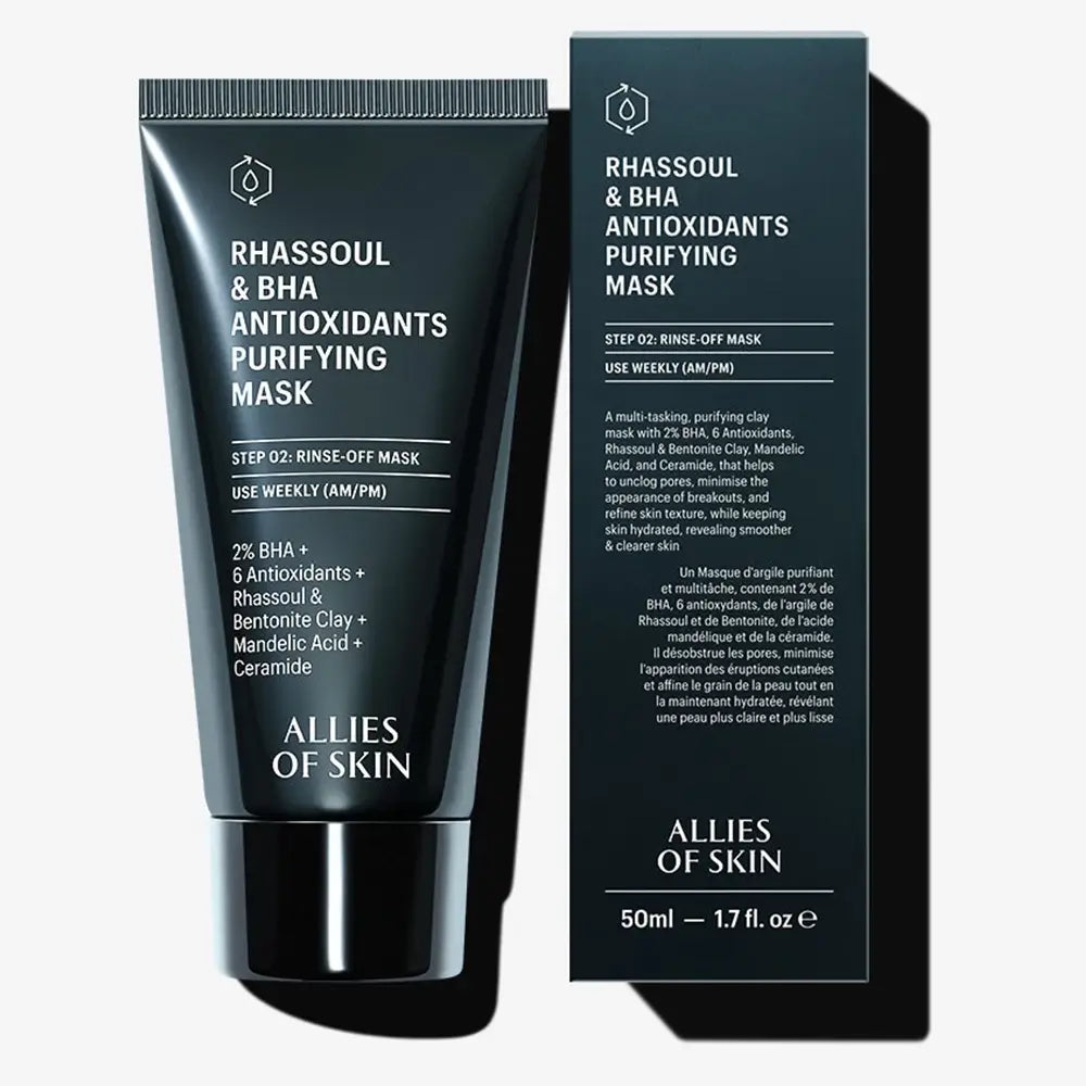 Rhassoul & BHA Antioxidants Purifying Mask by Allies of Skin with packaging on a white background