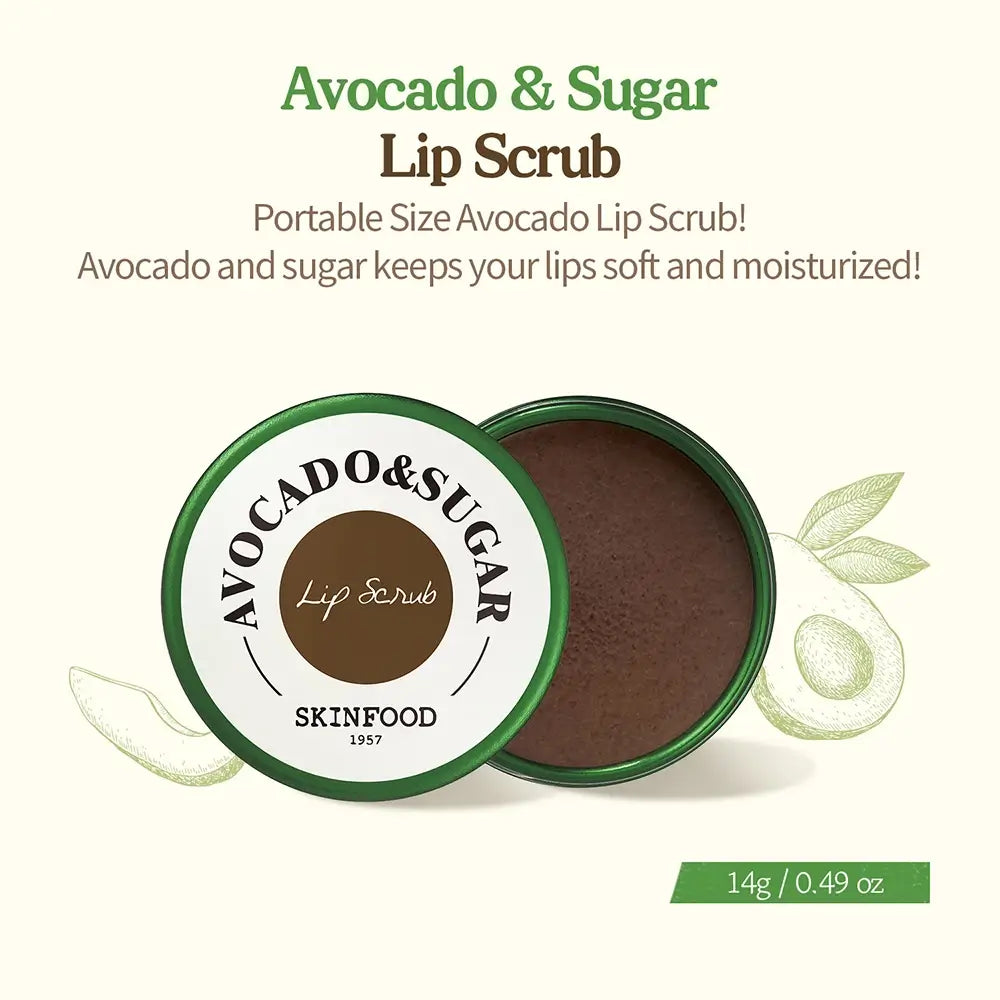 SKINFOOD Avocado und Zucker Lippenpeeling - Sanftes Peeling und intensive Feuchtigkeitspflege, 14 g