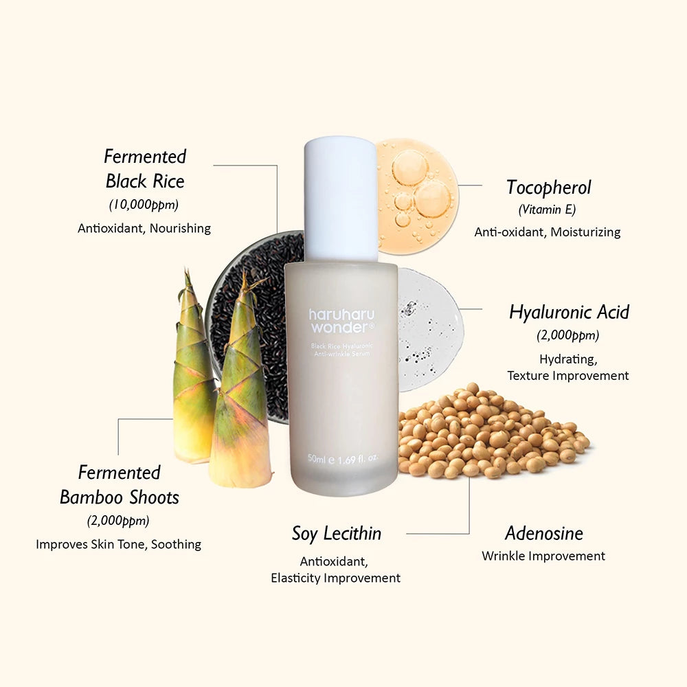 HARUHARU WONDER Black Rice Hyaluronic Anti-Falten Serum - Gesichtsserum mit Hyaluronsäure und Adenosin zur Hautfeuchtigkeitsversorgung und zur Reduzierung von feinen Linien und Falten - 50 ml