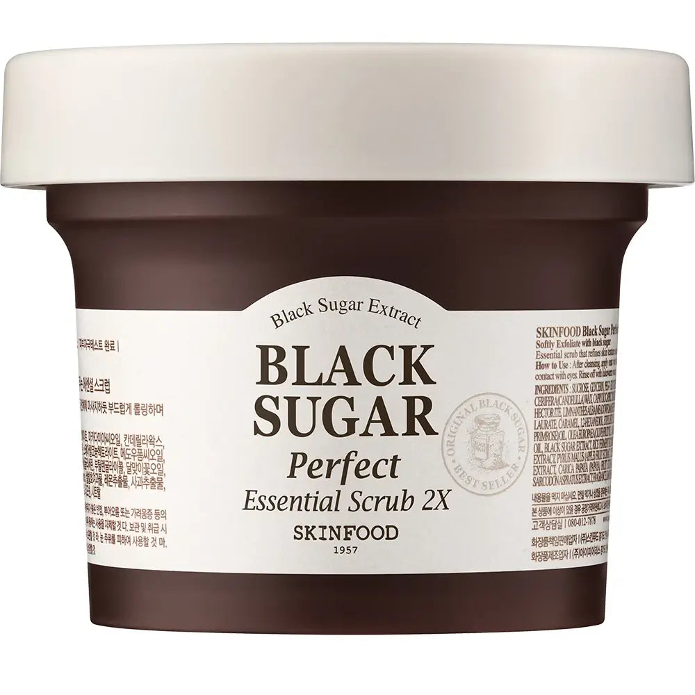 SKINFOOD Schwarze Zucker Perfect Essential Peeling - Gesichtsmaske mit schwarzem Zucker und Macadamiaöl für Hauterneuerung und Feuchtigkeitspflege - 210 ml