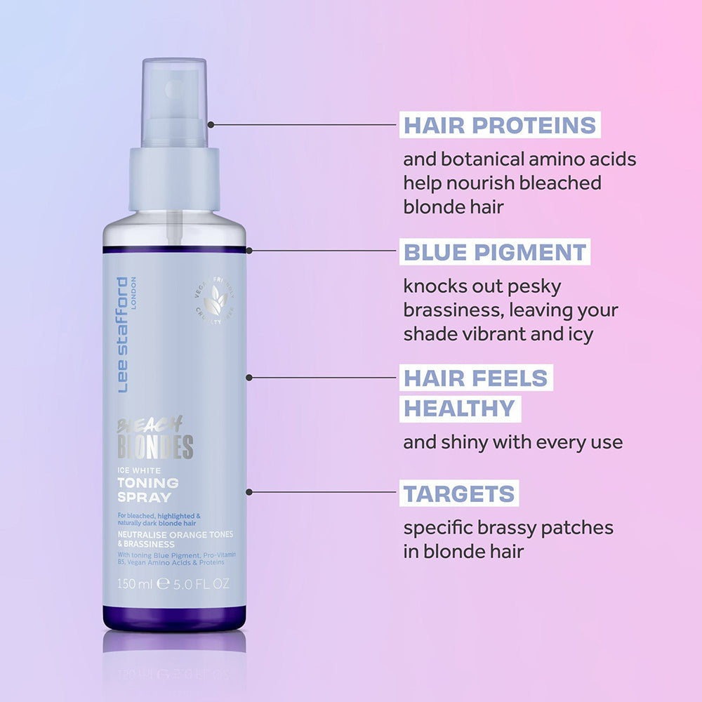 LEE STAFFORD Bleach Blondes Ice White Toner Korrekturspray - Balsam mit blauen Pigmenten und Pro-Vitamin B5 (Panthenol) zur Neutralisierung von Gelb- und Orangetönen und zur Erhaltung kühler Nuancen - 150 ml