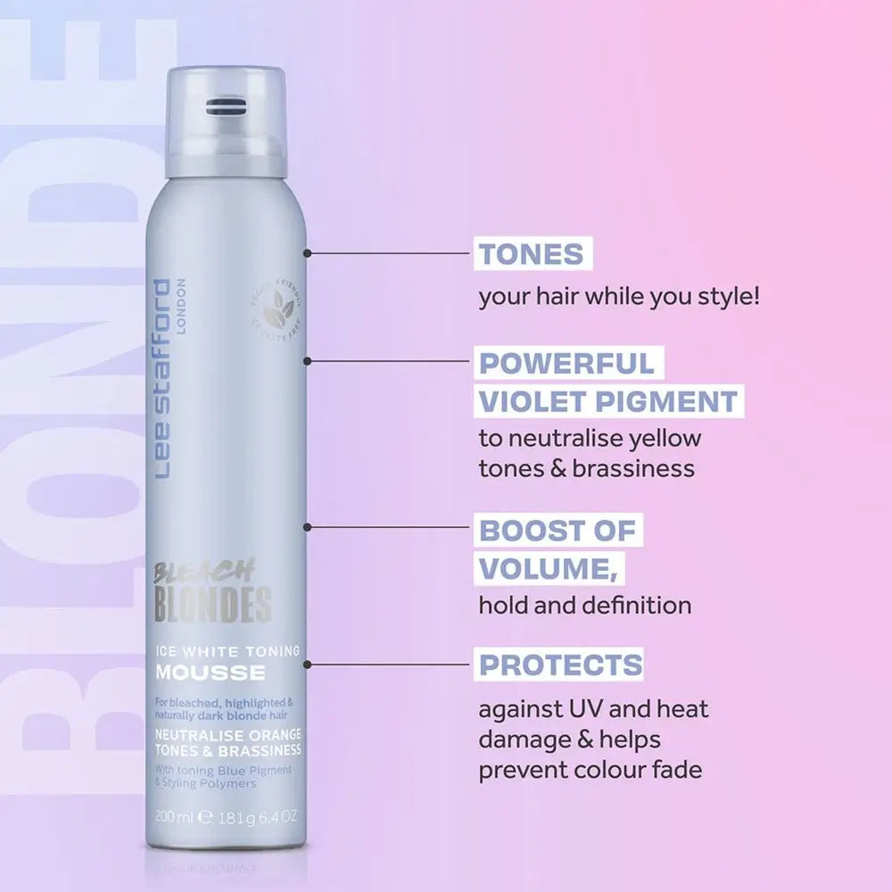LEE STAFFORD Bleach Blondes Ice White Toning Mousse - Schaumfestiger mit blauen und violetten Pigmenten zur Neutralisierung unerwünschter Orangetöne und zur Erhaltung eines kühlen Blondtons - 200 ml