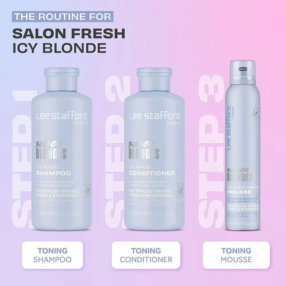LEE STAFFORD Bleach Blondes Ice White Toning Mousse - Schaumfestiger mit blauen und violetten Pigmenten zur Neutralisierung unerwünschter Orangetöne und zur Erhaltung eines kühlen Blondtons - 200 ml
