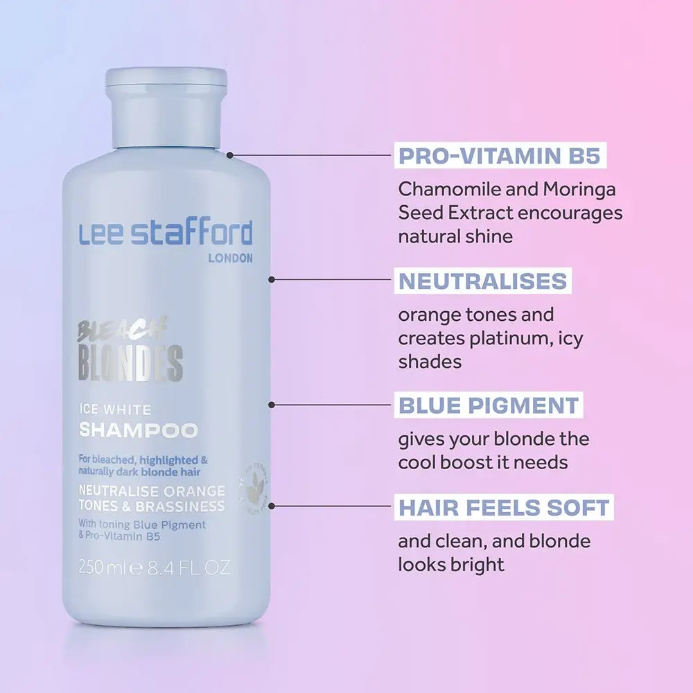 LEE STAFFORD Bleach Blondes Ice White Toning - Shampoo mit Indigo-Blau-Pigment und Pro-Vitamin B5, das hilft, Orange- und Kupfertöne zu neutralisieren und den natürlichen Glanz des Haares zu erhalten - 250 ml
