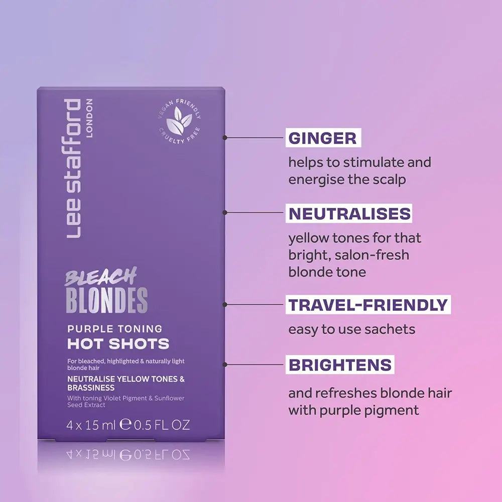LEE STAFFORD Bleach Blondes Purple Toning Hot Shots - Balsam cu extract de moringa și pro-vitamina B5 pentru menținerea unui blond strălucitor și vibrant - 4x15ml