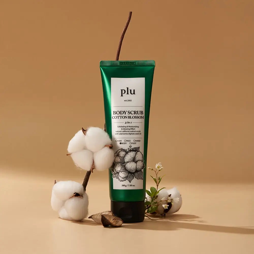 PLU Körperpeeling Baumwollblüte - Körperpeeling mit Walnussschalenpulver und Sonnenblumenöl, hilft, abgestorbene Hautzellen zu entfernen und den optimalen Feuchtigkeitsgehalt zu erhalten - 200 g