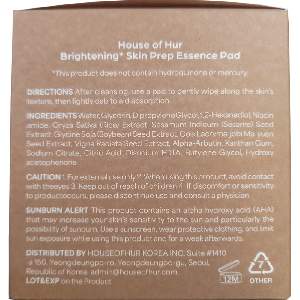 HOUSE OF HUR Brightening Skin Prep Essence Pad - toner de fata formulat cu extract de orez si niacinamida, care contribuie la exfolierea delicata, hidratarea pielii si la mentinerea aspectului uniform - 70 buc