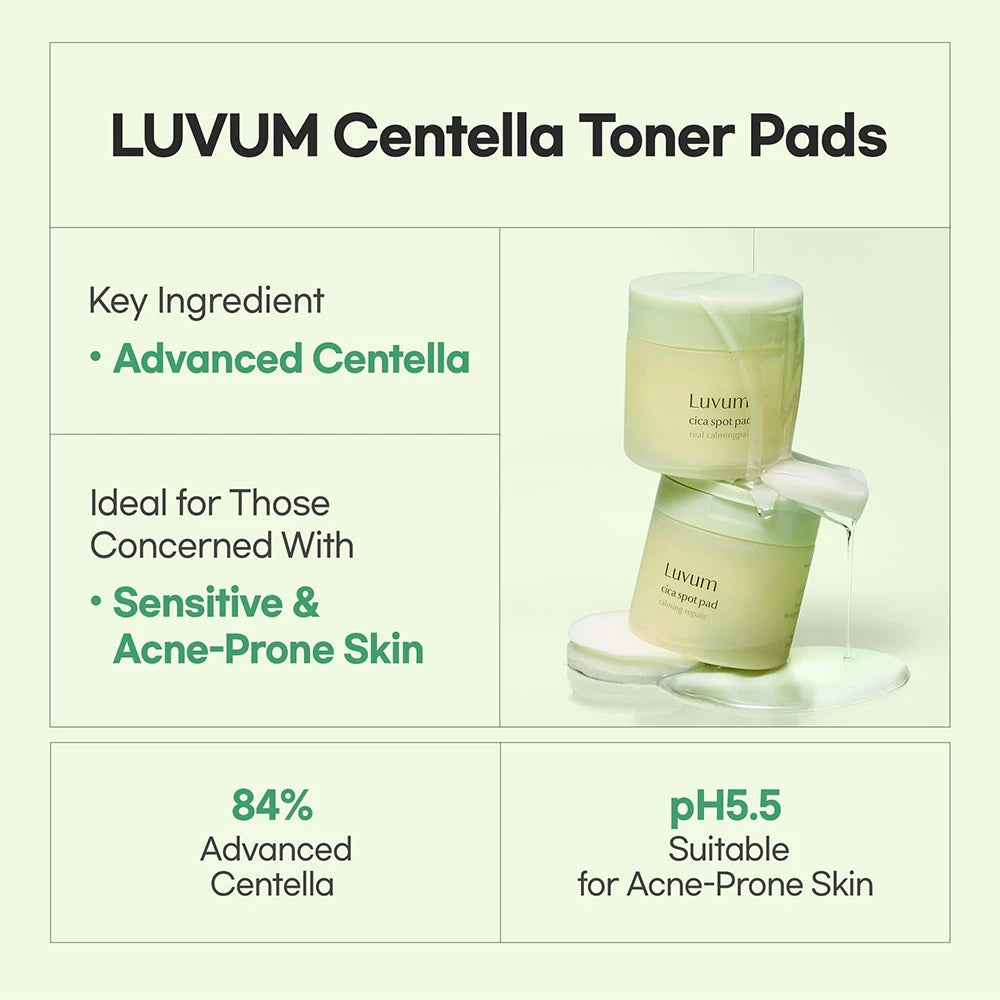 LUVUM Beruhigendes Reparatur Cica Spot Pad - Gesichtstoner mit Centella Asiatica und Panthenol, der hilft, Rötungen und Reizungen zu lindern und den Hautkomfort zu erhalten - 60 Stück