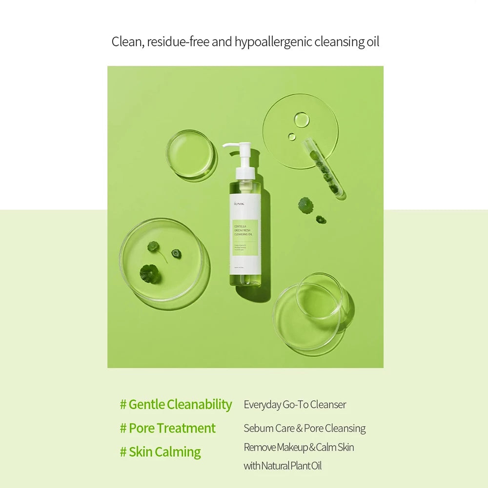 IUNIK Centella Green Fresh - Reinigingsolie geformuleerd met zonnebloempitolie en Centella Asiatica extract, dat helpt bij het reinigen van make-up, SPF en onzuiverheden en het behoud van de huidbalans - 200 ml