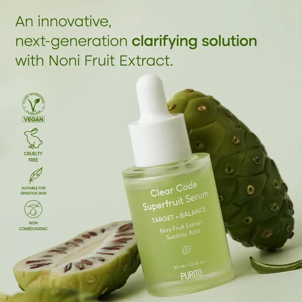 PURITO Clear Code Superfruit Serum - Gesichtsserum mit Noni-Fruchtextrakt und Bernsteinsäure zur Reduzierung übermäßiger Talgproduktion und zur Beruhigung von Umweltstress-bedingten Reizungen - 30 ml