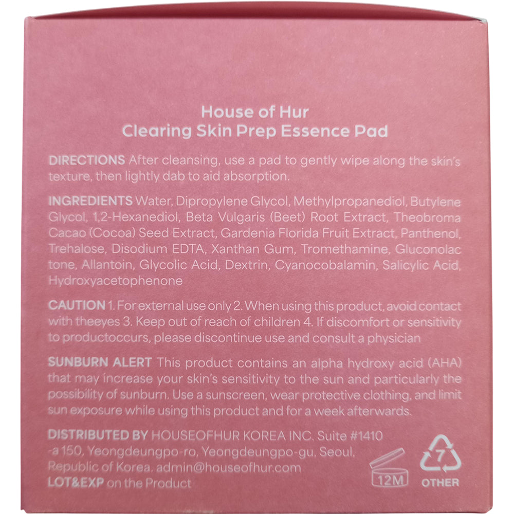 HOUSE OF HUR Clearing Skin Prep Essence Pad - toner de fata formulat cu AHA si BHA, care contribuie la curatarea in profunzime a pielii dupa spalare si la metinerea unui aspect proaspat - 70 buc