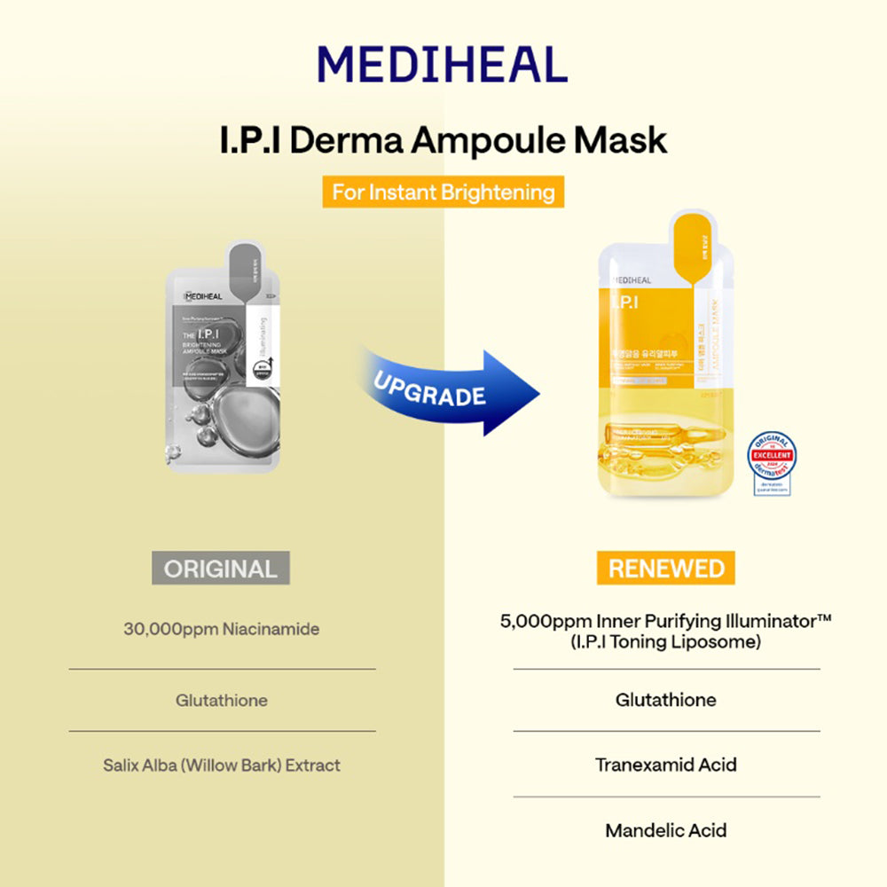 MEDIHEAL Derma Ampoule Sheet Mask I.P.I - masca de fata formulata cu niacinamida si acid tranexamic, care contribuie la iluminarea si uniformizarea aspectului tenului - 26 ml