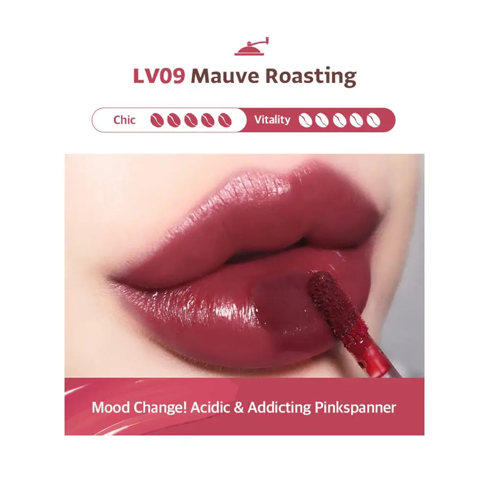 BLACK ROUGE Drip Hot Water Tint - Lippenfarbe formuliert mit Kaffee und feuchtigkeitsspendenden Inhaltsstoffen, die zur Lippenhydratation und zum Komfort beitragen - 4,5 gr - LV9 Mauve Roasting