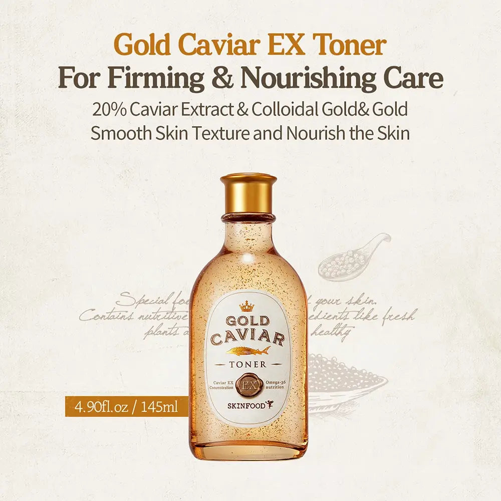 SKINFOOD Gold Caviar EX Toner Gesichtswasser gegen Falten mit Gold und Kaviar - Intensive Anti-Falten-Straffung und Feuchtigkeitspflege, 145 ml