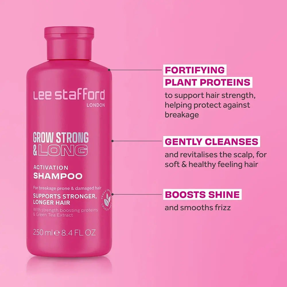 LEE STAFFORD Grow Strong&Long Aktivierungs-Shampoo - Shampoo formuliert mit Pro-Growth Komplex und Grüntee-Extrakt, das zur Stimulierung des Haarwachstums und zur Reduzierung von Haarausfall beiträgt - 250 ml