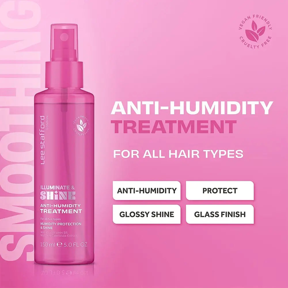 LEE STAFFORD Illuminate & Shine Anti-Umiditate Tratament - spray pentru păr formulat cu Pro-Vitamina B5 (Pantenol) și extract de Marula, care contribuie la hidratarea părului și la menținerea aspectului neted - 150 ml