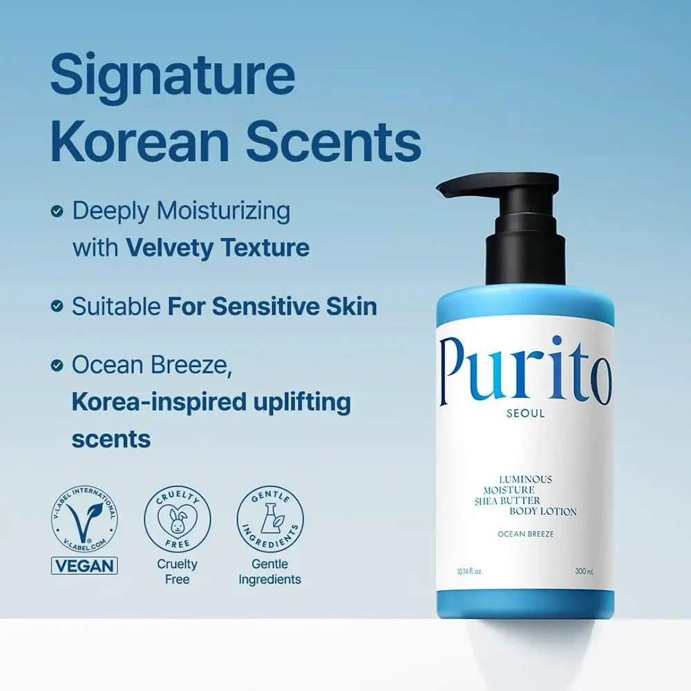 PURITO Luminous Moisture Shea Butter - Körperlotion mit fermentierter Sheabutter und Kameliensamenöl, für Hautfeuchtigkeit und Komfort - 300 ml