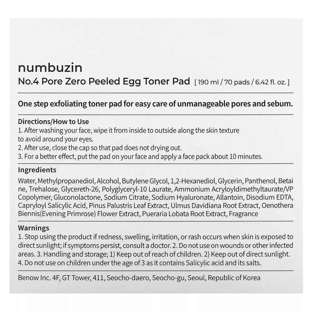NUMBUZIN No.4 Pore Zero Peeling Toner Pads - sanfter Peeling-Effekt und Porenverfeinerung, 70 Stück