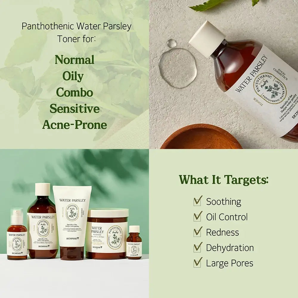 SKINFOOD Pantothensäure Petersilientoner - Gesichtstoner mit Pantothensäure und Brunnenkresse-Extrakt zur Beruhigung, Feuchtigkeitsversorgung, Talgkontrolle und Reduzierung von Rötungen - 300 ml