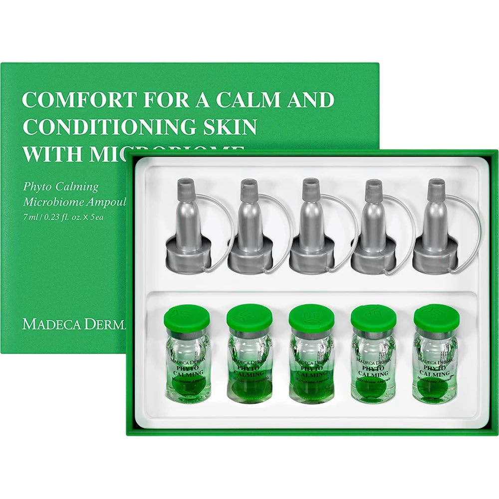 MADECA DERMA Phyto Calming Microbiome Ampoule - Gesichtsserum mit Hyaluronsäure und Panthenol Provitamin B5, das zur Beruhigung empfindlicher Haut und zur Aufrechterhaltung des Hautmikrobiomgleichgewichts beiträgt - 7 ml x 5 Stück