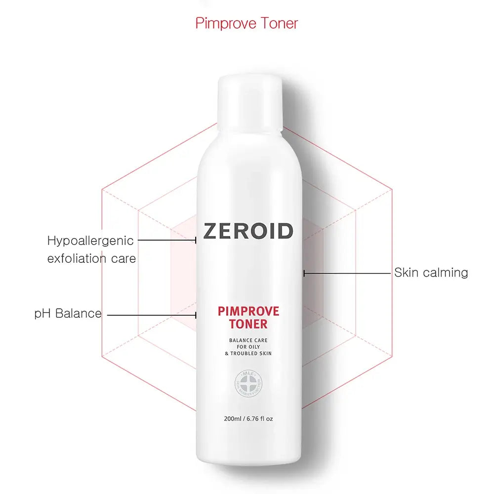 ZEROID Pimprove Toner - Gesichtswasser formuliert mit LHA und Zink PCA, das zur sanften und feuchtigkeitsspendenden Entfernung abgestorbener Hautzellen und zur Aufrechterhaltung des optimalen pH-Werts problematischer Haut beiträgt - 200 ml