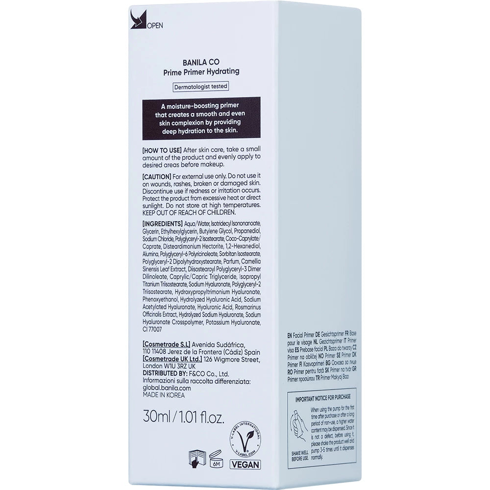 BANILA CO Prime Primer Hydrating Renew - Make-up Base mit Hyaluronsäure und Glycerin für feuchtigkeitsspendende Haut und ein frisches, natürliches Finish - 30 ml