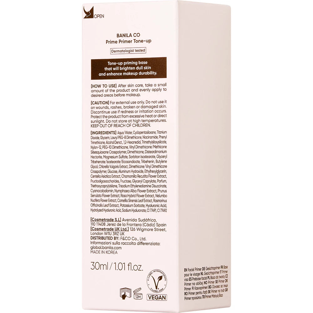 BANILA CO Prime Primer Tone-up - Make-up Base with Niacinamide and Calendula Extract, for Even Skin Tone and Hydration - 30 ml