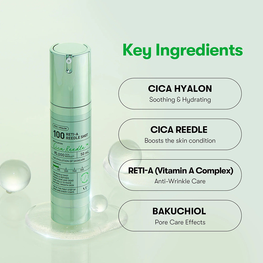 VT COSMETICS Reti-A Reedle Shot 100 - Serum für das Gesicht mit Retinol und Hyaluronsäure, das zur Verfeinerung der Hauttextur und zur Unterstützung der sichtbaren Erneuerung beiträgt - 50 ml