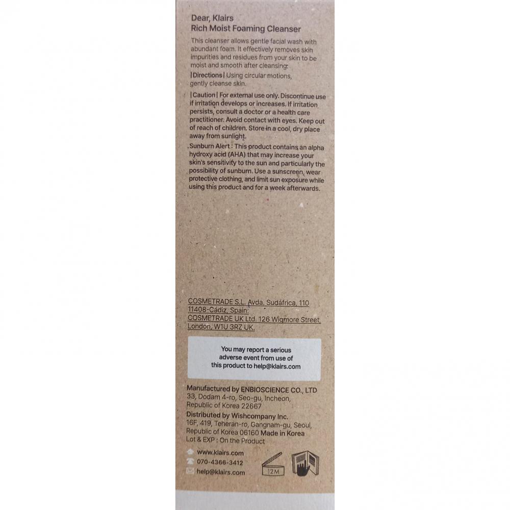Dear Klairs Rich Moist Spuma de Curatare pentru Fata Hidratare si Curatare Profunda, 100 ml
