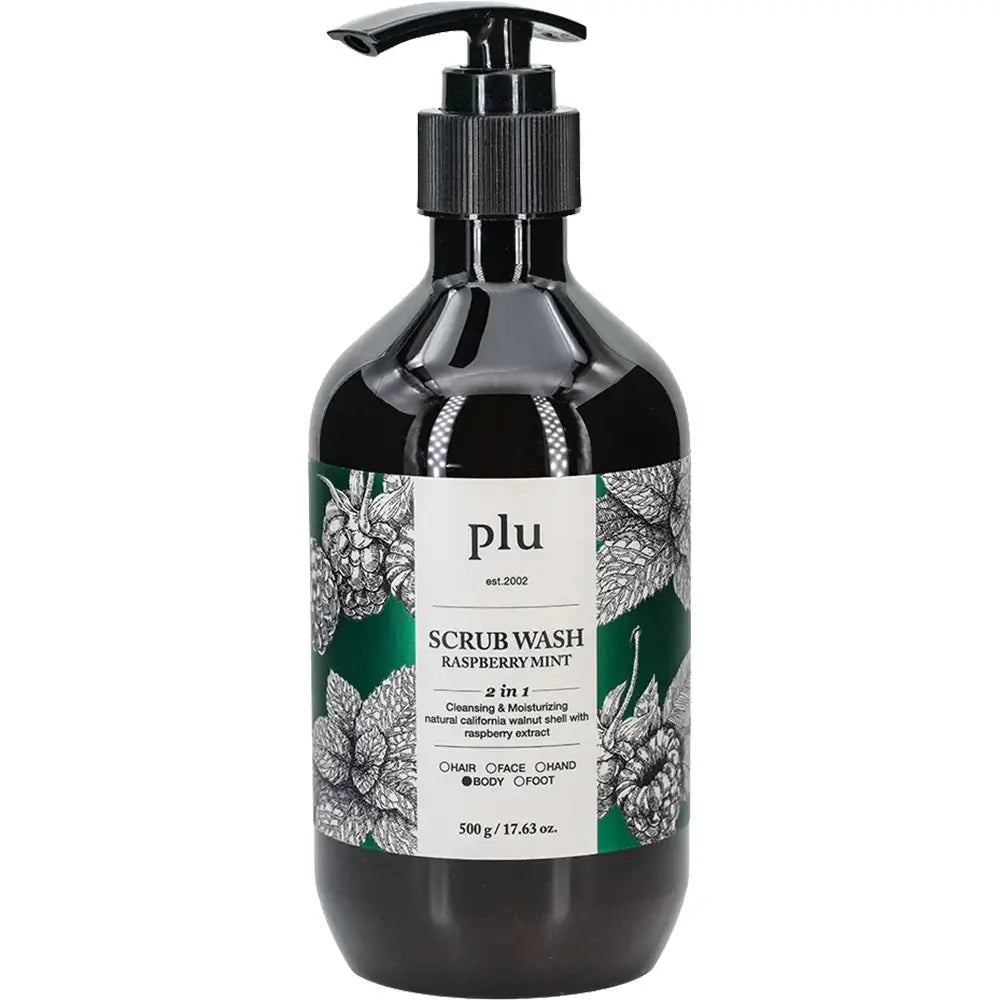 PLU Scrub Wash Himbeere und Minze - Peeling-Duschgel mit feinem Kalifornischem Walnussschalenpulver und grüner Minze, das zur sanften Hautreinigung und Entfernung abgestorbener Hautzellen und Unreinheiten beiträgt - 500 g