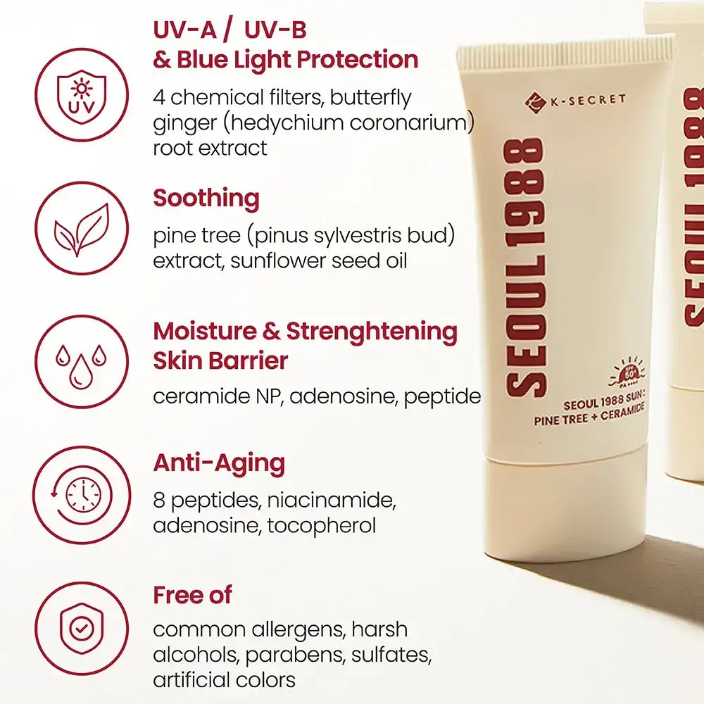 KSECRET Seoul 1988 Sonnencreme Kiefer + Ceramid - Feuchtigkeitsspendende Gesichtscreme mit Kieferknospenextrakt und Ceramid NP zur Beruhigung der Haut und Aufrechterhaltung der natürlichen Hautbarriere - 50 ml
