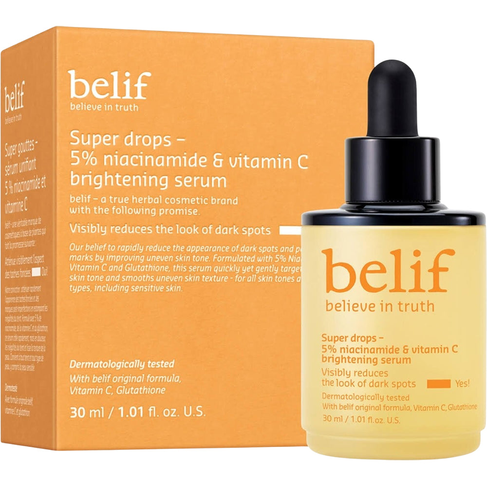 BELIF Super Drops 5% Niacinamid & Vitamin C Aufhellendes Serum - Gesichtsserum mit Niacinamid und Vitamin C, das sichtbar Pigmentflecken und Aknenarben reduziert und den Hautton ausgleicht - 30 ml