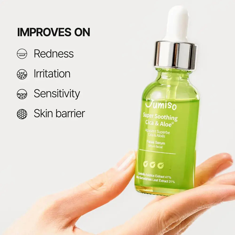 JUMISO Super Soothing Cica und Aloe Serum - Gesichtsserum mit Centella Asiatica und Aloe Vera zur Beruhigung von Rötungen und Empfindlichkeit der Haut sowie zur Stärkung der Hautbarriere - 30 ml