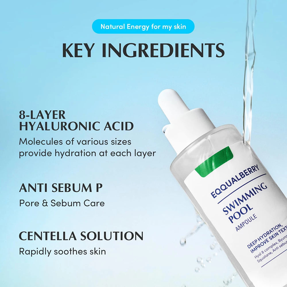 EQQUALBERRY Schwimmbad Ampulle - Gesichtsserum mit Hyaluronsäure und Centella Asiatica Extrakt, das zur Hautfeuchtigkeit und zum Hautkomfort beiträgt - 50 ml
