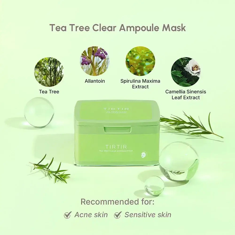 TIRTIR Teebaum-Klärungsampullen-Maske - Set aus Gesichtsmasken mit Teebaumextrakt und Grüntee-Extrakt, die zur Beruhigung gereizter Haut und zur Aufrechterhaltung des Talggleichgewichts beitragen - 30 Stk. (310 g)