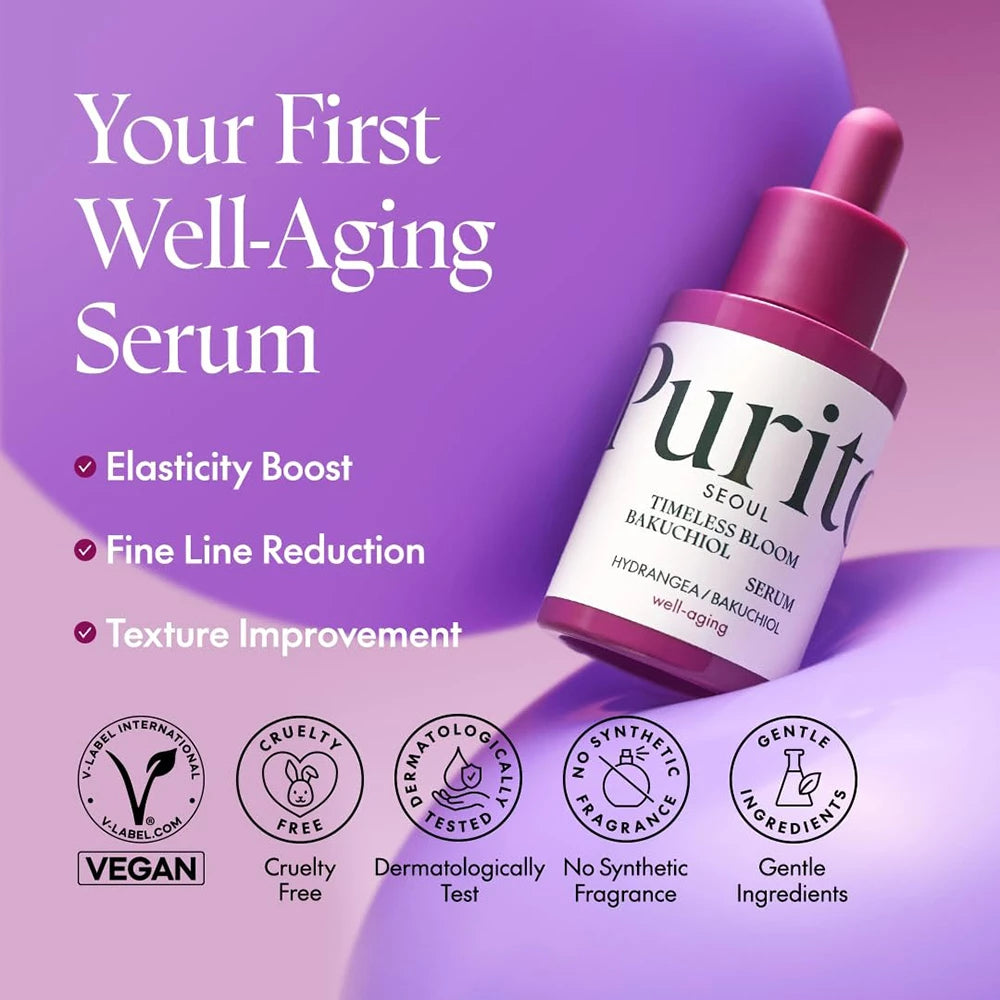 PURITO Timeless Bloom Ser Anti-Falten-Gesichtsserum mit Bakuchiol – Festigkeit und intensive Feuchtigkeit, 30 ml