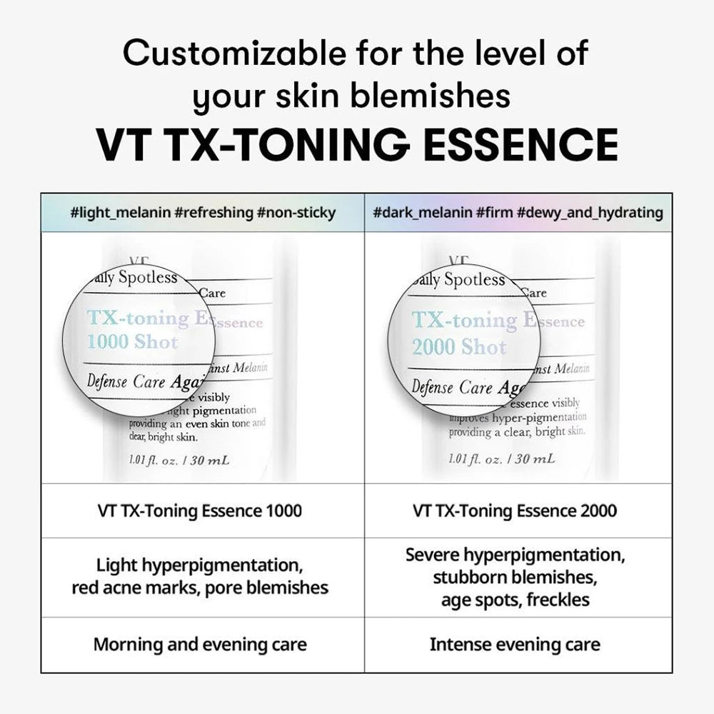 VT COSMETICS TX-Toning Essence 2000 Shot - Essenz formuliert mit Tranexamsäure und Niacinamid, die zur Aufhellung von Pigmentflecken und zur Vereinheitlichung des Hauttons beitragen - 30 ml