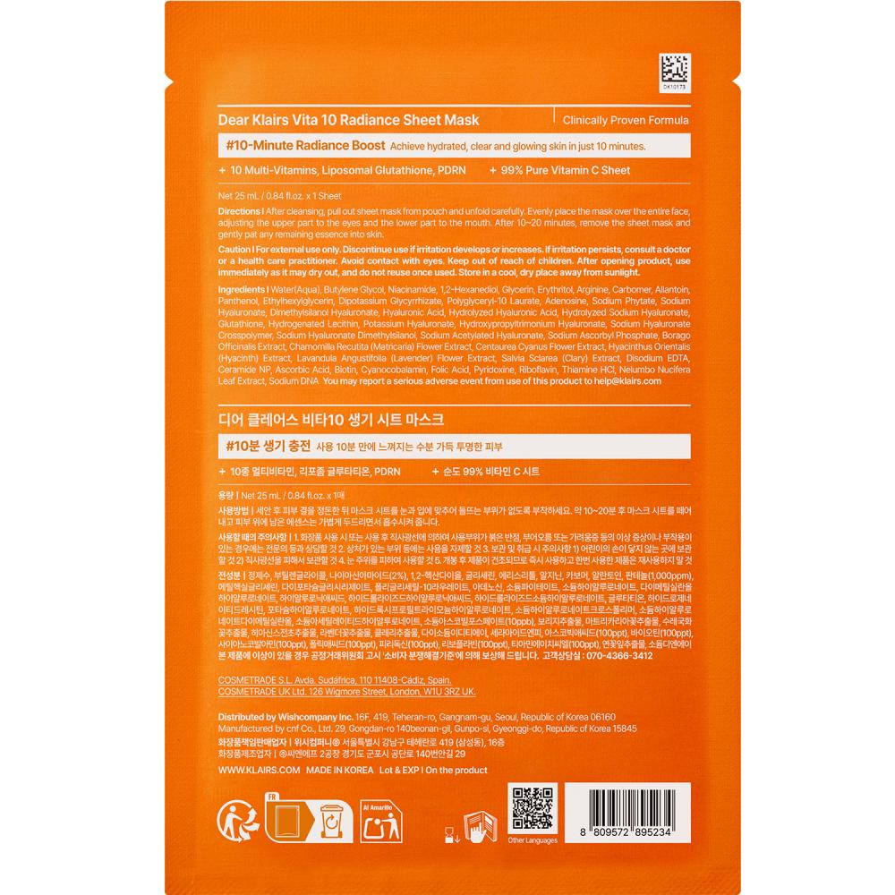 Dear Klairs Vita 10 Radiance Sheet Mask, 25 ml