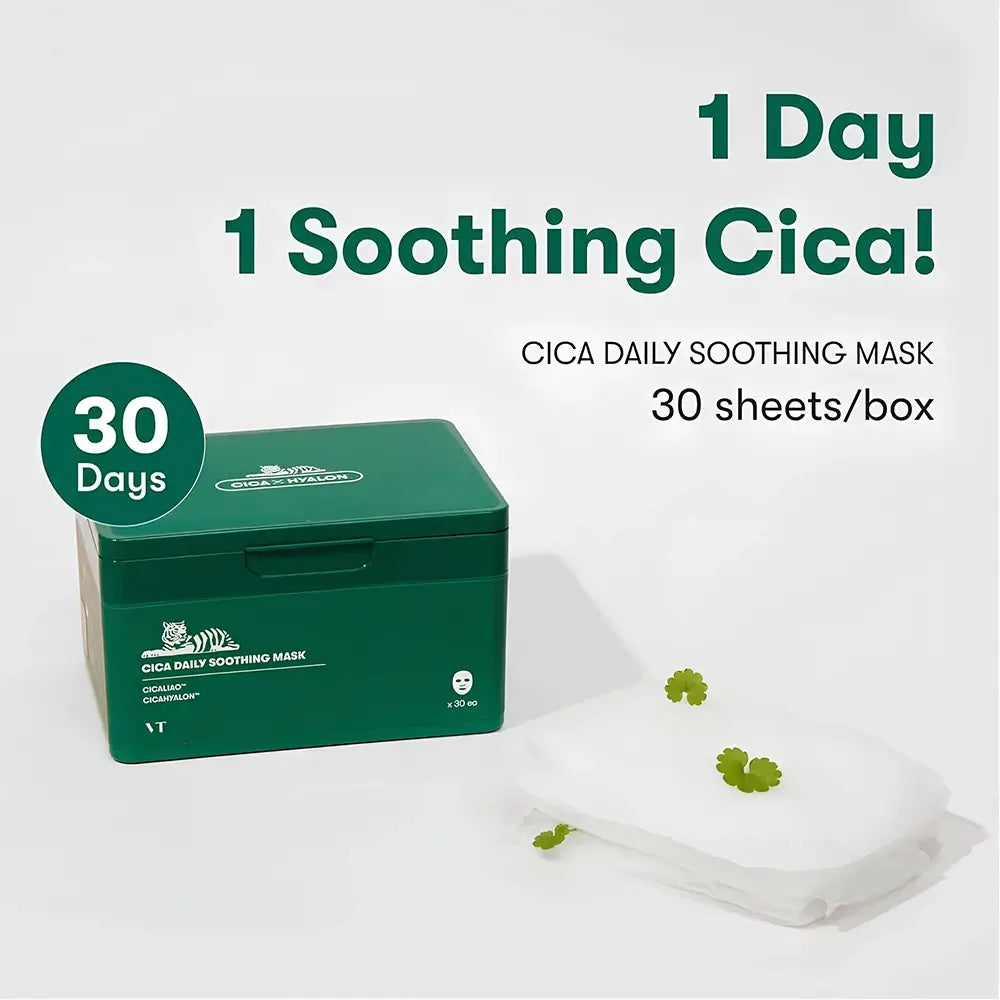 VT COSMETICS VT Cica Daily Soothing Mask - Set mit 30 Gesichtsmasken mit Centella Asiatica und dreifacher Hyaluronsäure zur täglichen Feuchtigkeitsversorgung und Beruhigung der Haut - 30 Stk.