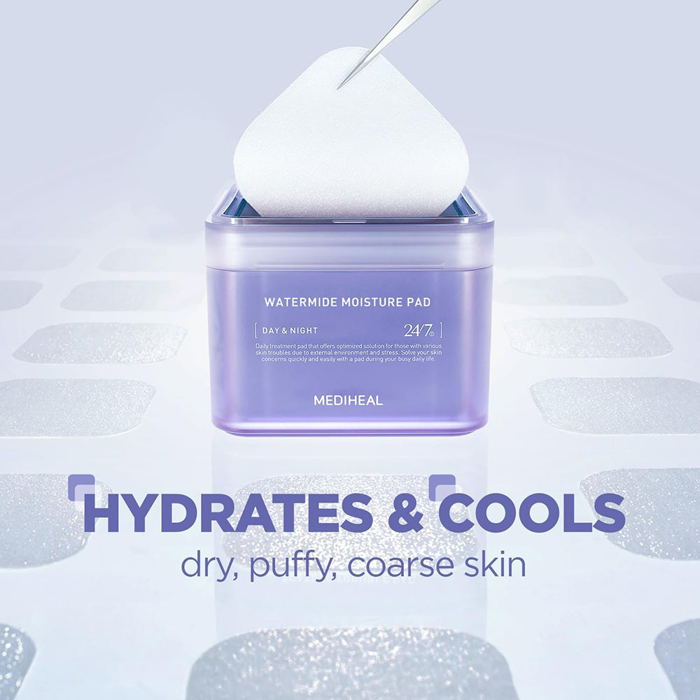 MEDIHEAL Watermide Moisture Pad - toner de fata dischete formulat cu acid hialuronic si squalane, care contribuie la hidratarea pielii si la revigorarea tenului cu aspect obosit- 100 buc
