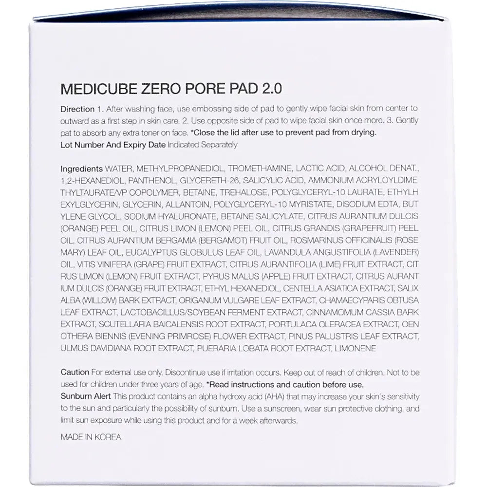 MEDICUBE Zero Pore Pad - Gesichtstoner mit Weißweidenrindenextrakt und Zitronenextrakt zur sanften Hautpeeling und Verfeinerung der Poren - 70 Stk.