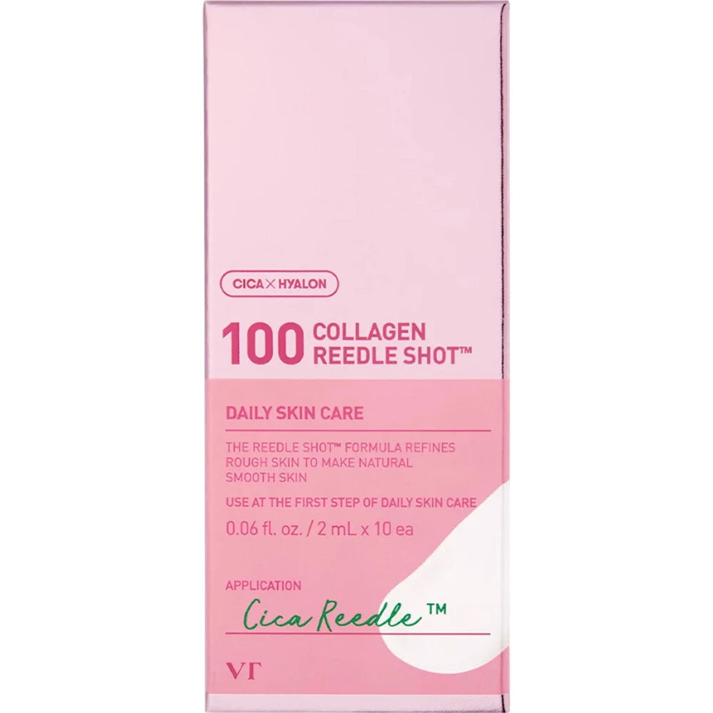 VT COSMETICS 100 Collagen Reedle Shot - Gesichtsserum formuliert mit Kollagen und Vitamin E, das zur Hautfeuchtigkeit beiträgt und den Hautkomfort erhält - 10 Stück