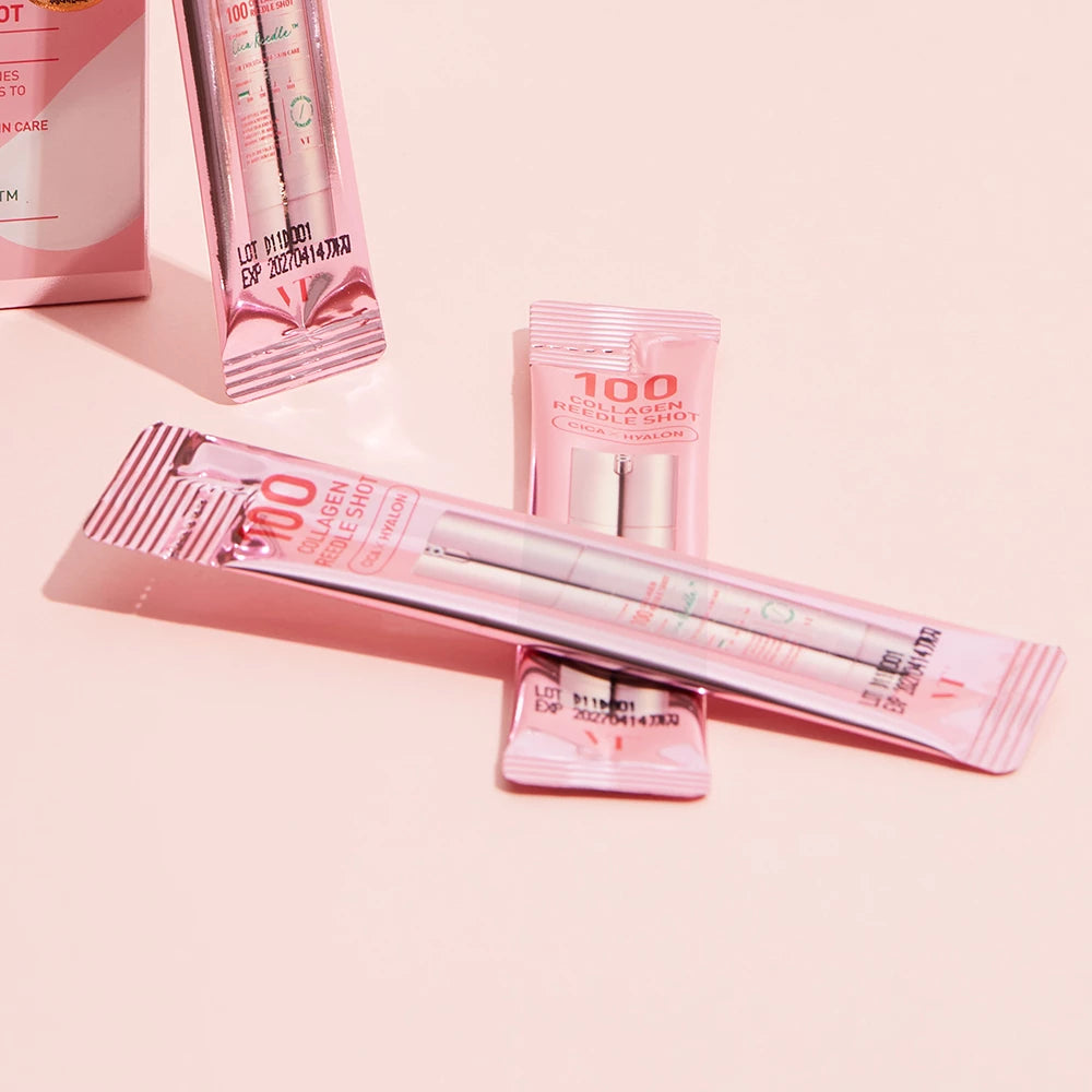VT COSMETICS 100 Collagen Reedle Shot - Gesichtsserum formuliert mit Kollagen und Vitamin E, das zur Hautfeuchtigkeit beiträgt und den Hautkomfort erhält - 10 Stück