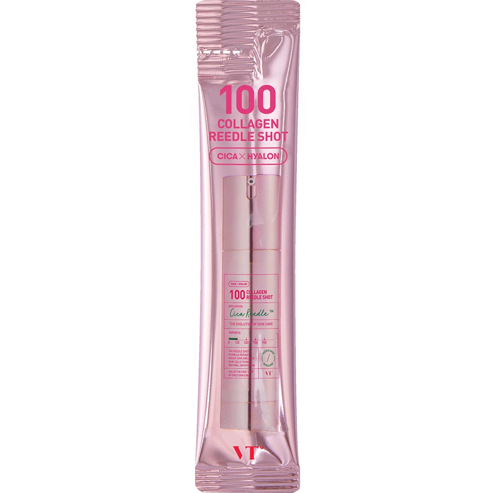 VT COSMETICS 100 Collagen Reedle Shot - Gesichtsserum formuliert mit Kollagen und Vitamin E, das zur Hautfeuchtigkeit beiträgt und den Hautkomfort erhält - 10 Stück