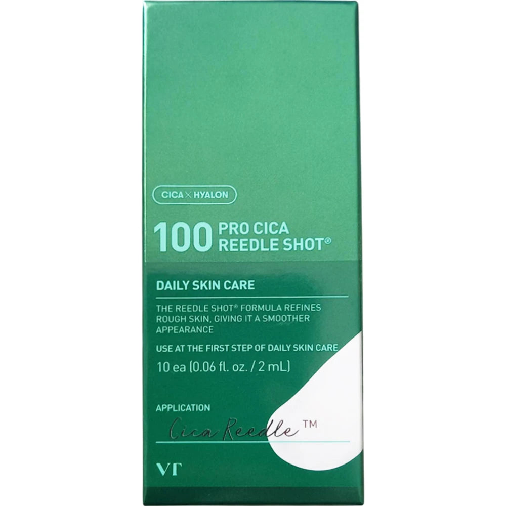 VT COSMETICS 100 Pro Cica Reedle Shot - Gesichtsserum mit Centella Asiatica und Hyaluronsäure, verbessert Hauttextur und Feuchtigkeitshaushalt, 10x Einzelportionen für Reisen - 2ml x 10 Stk