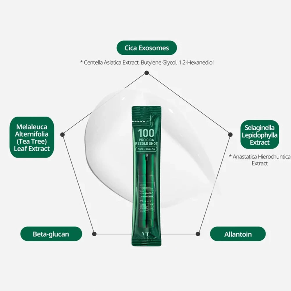 VT COSMETICS 100 Pro Cica Reedle Shot - Gesichtsserum mit Centella Asiatica und Hyaluronsäure, verbessert Hauttextur und Feuchtigkeitshaushalt, 10x Einzelportionen für Reisen - 2ml x 10 Stk