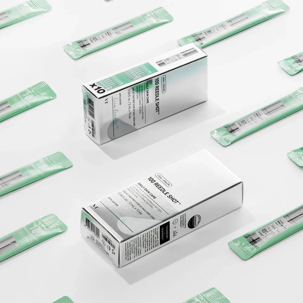 VT COSMETICS 100 Reedle Shot - Gesichtsserum mit Centella Asiatica und Hyaluronsäure, in 10 einzeln verpackten Reisegrößen-Päckchen für einmalige Anwendung zu Hause oder unterwegs - 2ml x 10 Stk.